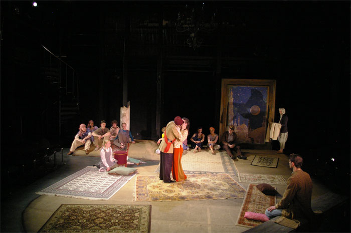 Shahryar kisses Scheherezade for real in the Act I finale-Theatre Fairfield's ARABIAN NIGHTS