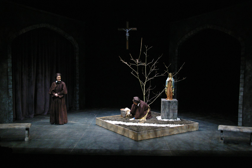 Sister Aloysius and Sister James in the garden in DOUBT at Portland Stage Company 