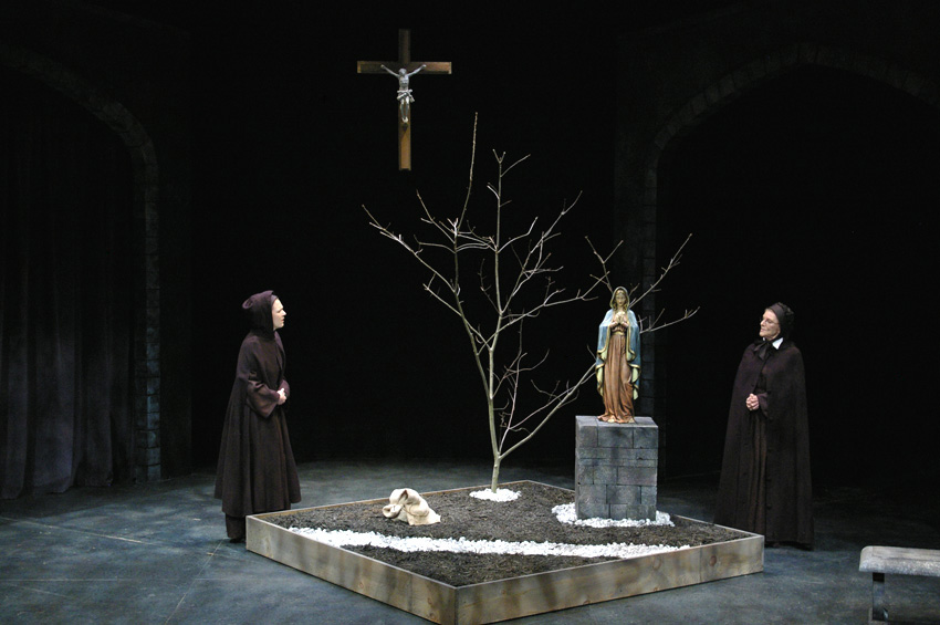 Sister James and Sister Aloysius reflect in the garden in DOUBT at Portland Stage Company 