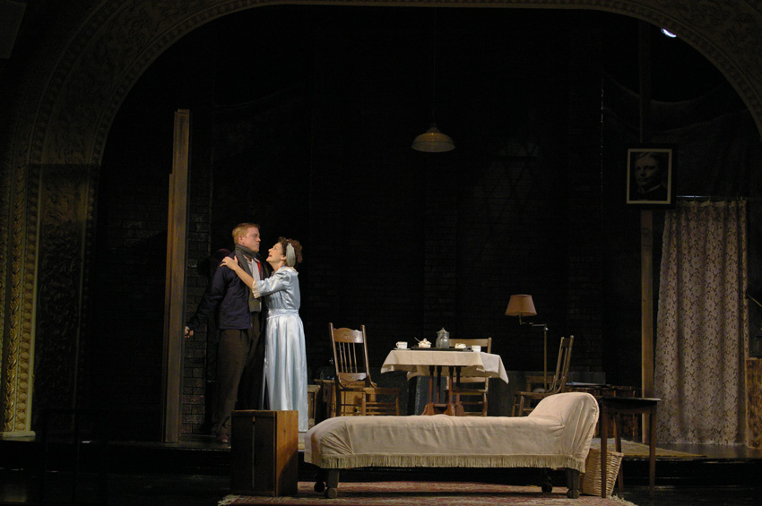 Tom stiffens as Amanda demands he find a dinner guest in GLASS MENAGERIE at Theater at Monmouth