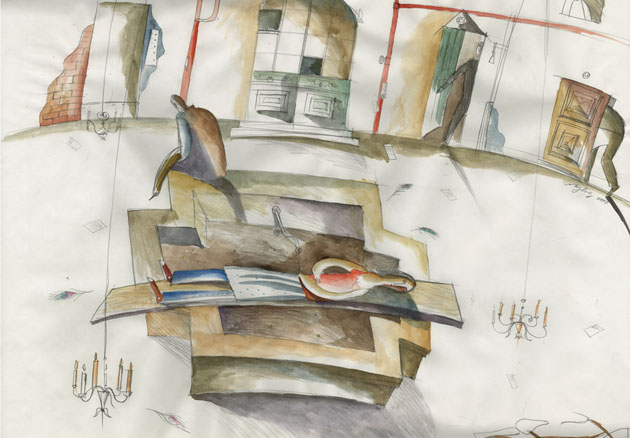 a sketch by set designer Zhenya Nayberg showing the fountain and it's use for the tomb scene.